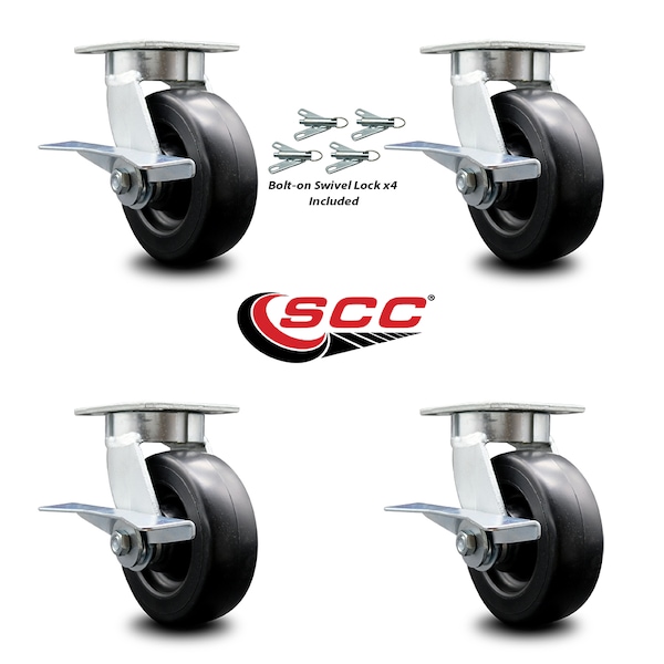 6 Inch Kingpinless Polyolefin Wheel Swivel Caster Set with Brake and Swivel Lock